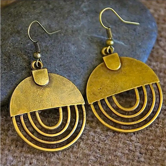 Vintage Gold Metal Geometry Circle Dangle Earrings New - Picture 1 of 6
